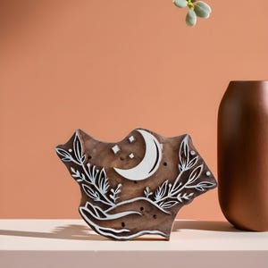 Timbro tessile celeste, timbro a blocco di legno, timbro lunare, stampa a blocco floreale, timbro in ceramica, timbro per imballaggio, stampa a blocco fai da te, timbro per diario