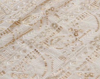 White Embroidered Georgette Fabric, Gold Sequins, Indian Patchwork Pattern