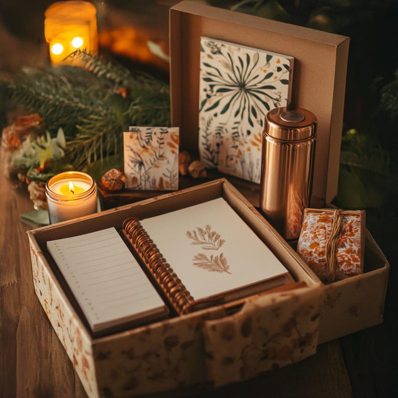 May include: A brown gift box with a floral pattern contains a spiral bound notebook, a notepad, and a copper thermos. The box is open and the items are visible.
