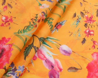 Marigold Yellow Muslin Silk Fabric, Watercolor Floral Print, Indian Fabric