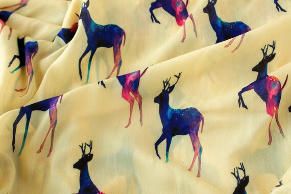 1 Yard Of Stag Print Fabric Cream Muslin Silk Fabric Indian Etsy