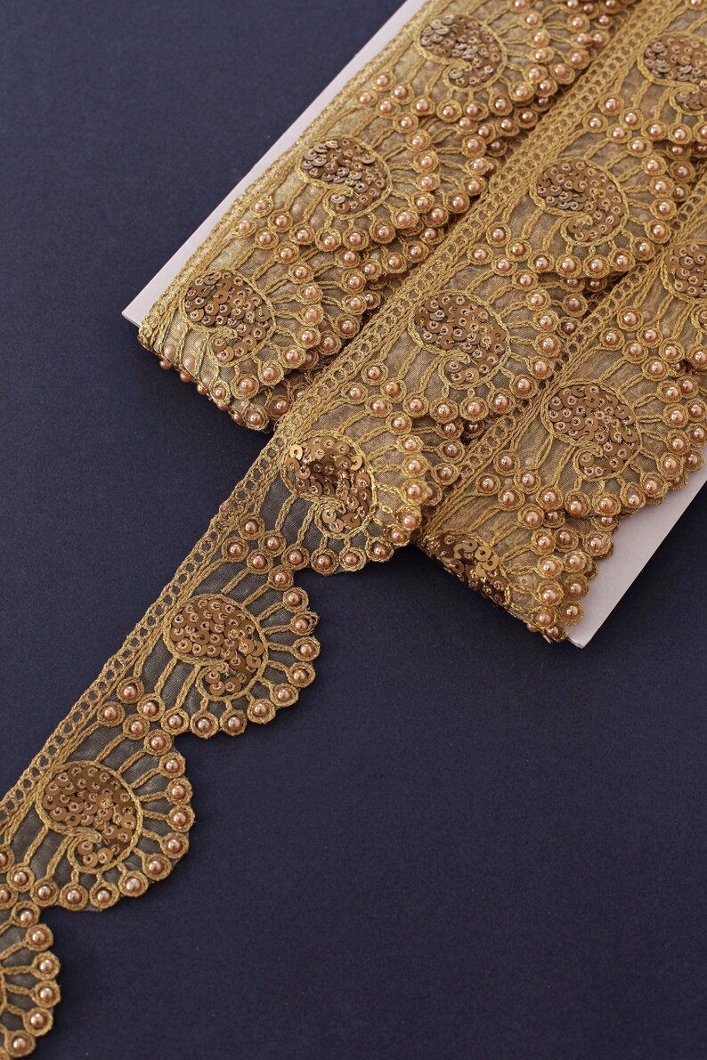 Floral Scallop Lace Indian Trim Boho Upholstery Trim Costume Trim Sequin Trim Gold Paisley Trim Organza Embroidered Trim