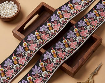 Floral Jacquard Trim – 4 Inch Wide Indian Sewing Ribbon, 9 Yards, Upholstery Lace, Embroidered Trim