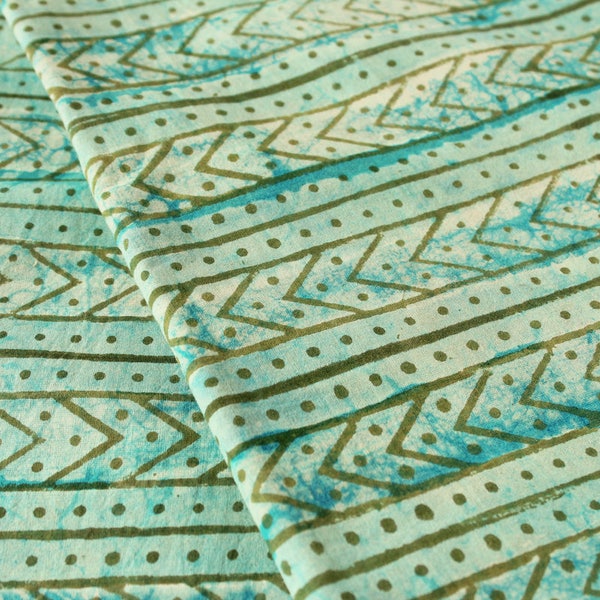 Mint Blue and Green Striped Fabric, Indian Cotton Fabric, Vegetable Dyed Fabric, Aztec Print Fabric, Block Print Fabric