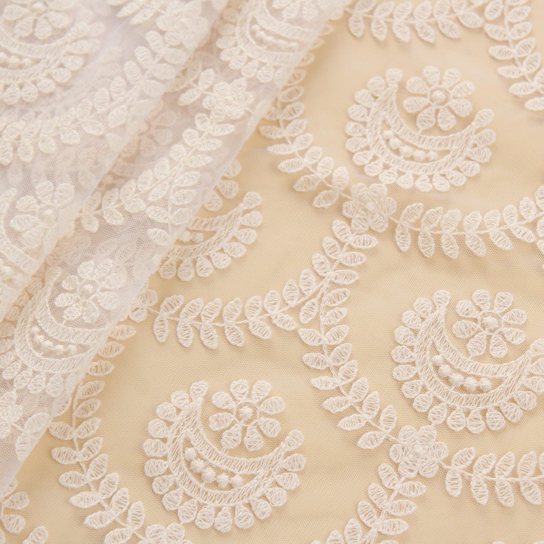 Lace Net Material White Embroidered Floral Lace Net Fabric – 50