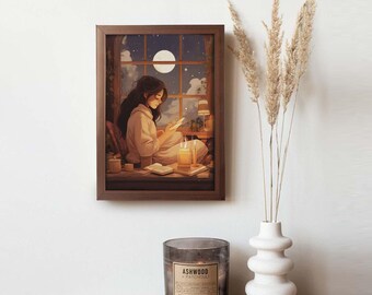Puede incluir: Una ilustración enmarcada de una mujer sentada junto a una ventana, leyendo un libro. La ventana está abierta y la luna es visible en el cielo nocturno. La mujer lleva una bata blanca y tiene el pelo largo y oscuro. Hay velas en la mesa delante de ella.
