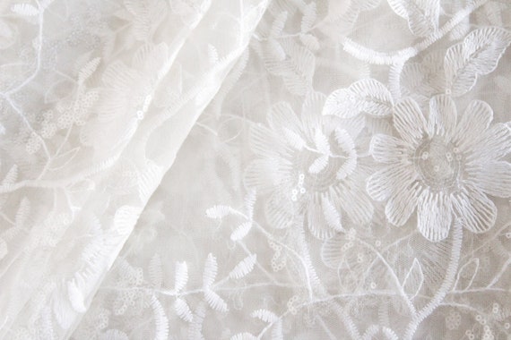 Off-white Net Fabric With White Embroidery, Boho Floral Fabric