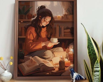 Puede incluir: Una mujer se sienta en una habitación acogedora con un libro, una taza de té y velas. La habitación está decorada con estanterías y plantas. La mujer lleva un suéter y tiene el pelo largo y castaño.