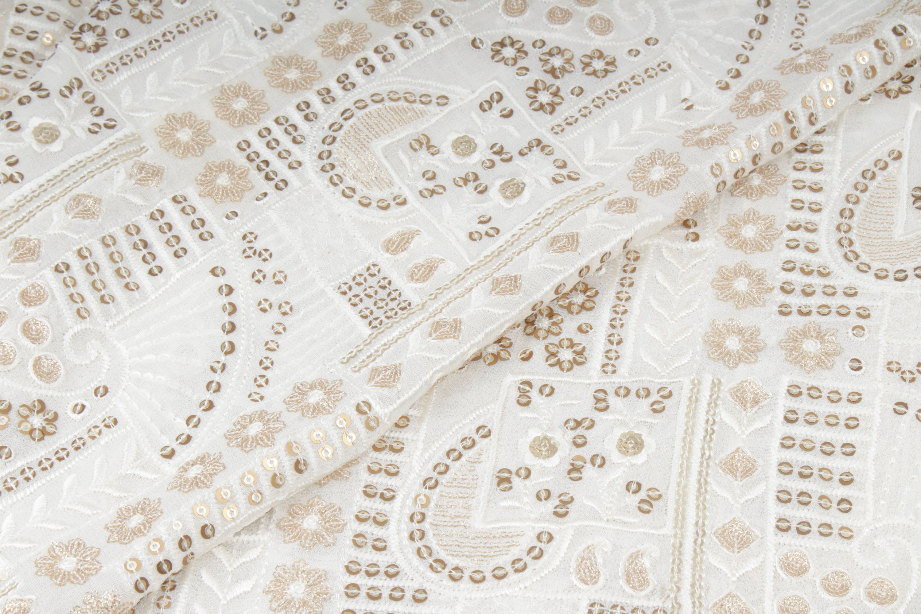 White and Gold Embroidered Fabric Patchwork Pattern Fabric Etsy