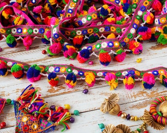 Colourful Pom Pom Trim, Embroidered Trim, Belt Trim, Tassel Trim - 2 yards