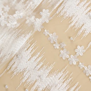 1 yard - White Net Fabric with Pearls, Beaded Lace Fabric, Wedding Lace Fabric, Embroidered Net, Lace Dress, Corset Top, Wedding Veil