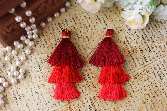 Red Tassel Earrings for Women  Colorful Layered Tassle 3 Tier