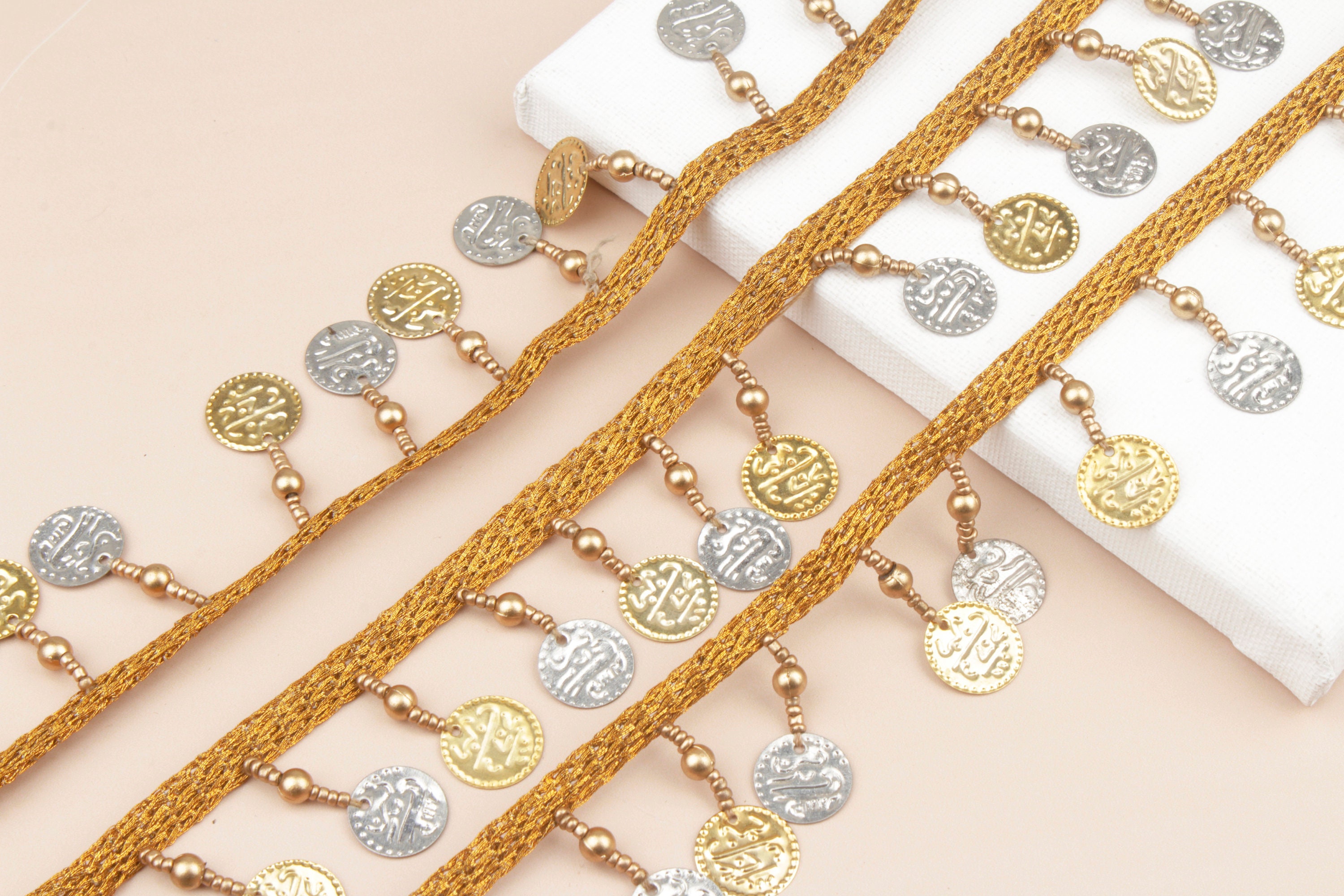 Gold Coin Fringe Trim With Black Twill Tape - 1-3/8" Wide X 12 Yards For Costumes & Decor