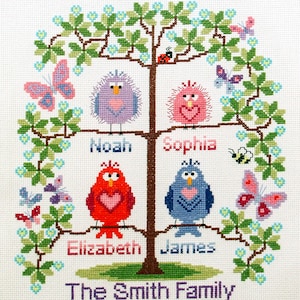 PDF INSTANT DOWNLOAD Family tree cross stitch for 4 cute birds easy stitch fun modern design, anniversary / welcome a new baby pattern image 2