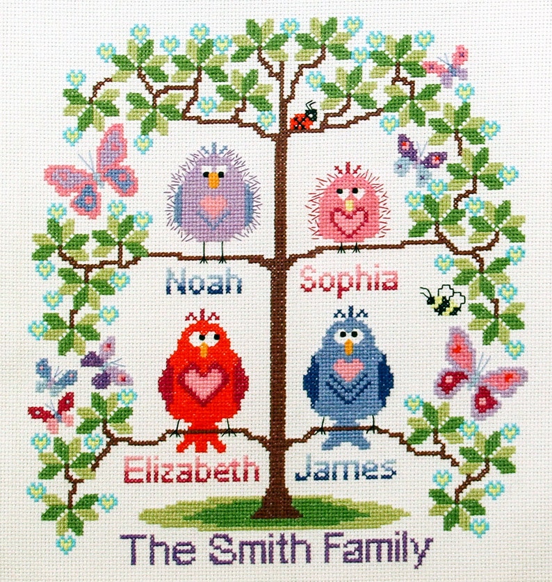 PDF INSTANT DOWNLOAD Family tree cross stitch for 4 cute birds easy stitch fun modern design, anniversary / welcome a new baby pattern image 2