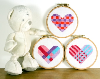 PDF - INSTANT DOWNLOAD Modern heart cross stitch geometric designs - easy to stitch love hearts ideal for beginners, patterns