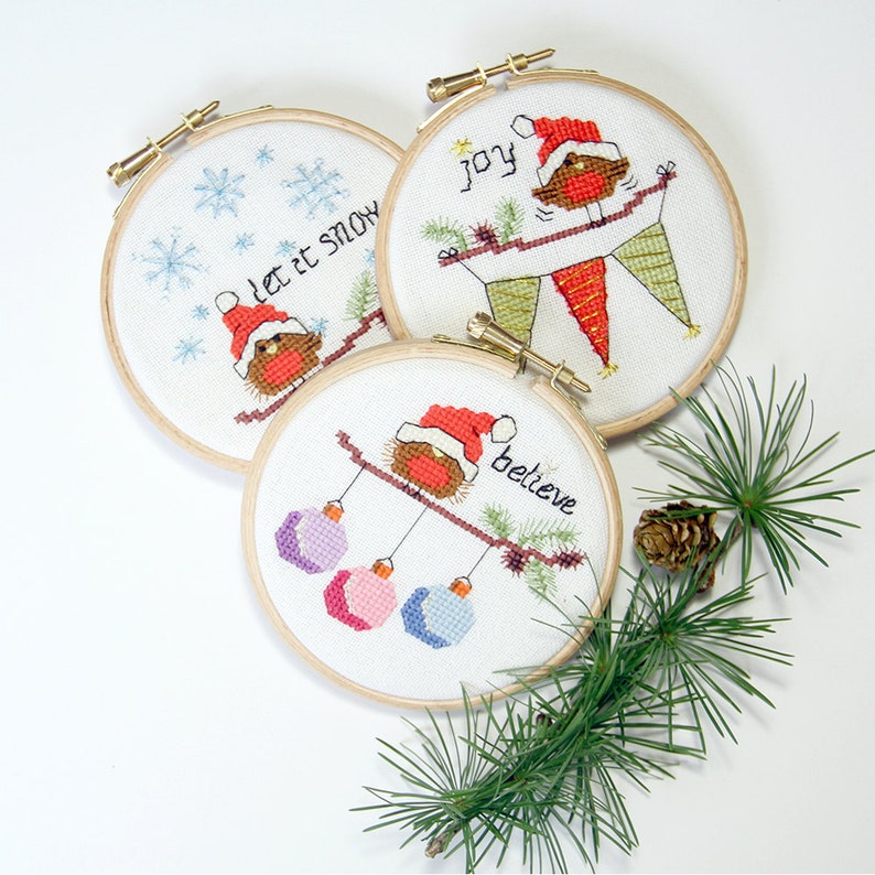 PDF Instant download Cross stitch Christmas Cards and Ornaments 3 modern cute easy robin designs, fun xmas craft cross stitch patterns image 1