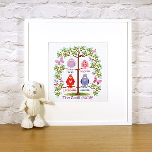 May include: A framed cross-stitch design of a family tree with colorful birds and the text "The Smith Family". The tree has four branches with the names Noah, Sophia, Elizabeth, and James on each branch.