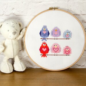 PDF INSTANT DOWNLOAD Family tree cross stitch for 4 cute birds easy stitch fun modern design, anniversary / welcome a new baby pattern image 3