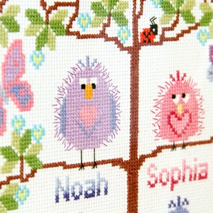 PDF INSTANT DOWNLOAD Family tree cross stitch for 4 cute birds easy stitch fun modern design, anniversary / welcome a new baby pattern image 4