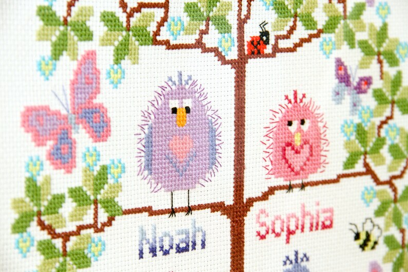 PDF INSTANT DOWNLOAD Family tree cross stitch for 4 cute birds easy stitch fun modern design, anniversary / welcome a new baby pattern image 4