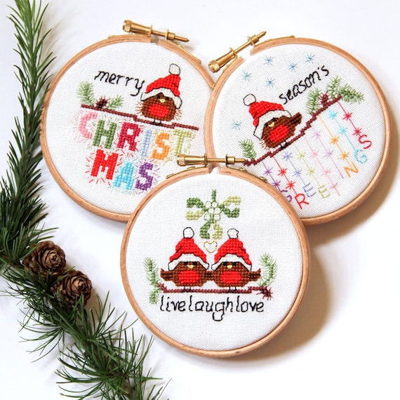 KIT OR CHART - Cross stitch Christmas Cards and Ornaments - 3 modern cute,  easy robin designs, fun xmas craft cross stitch patterns