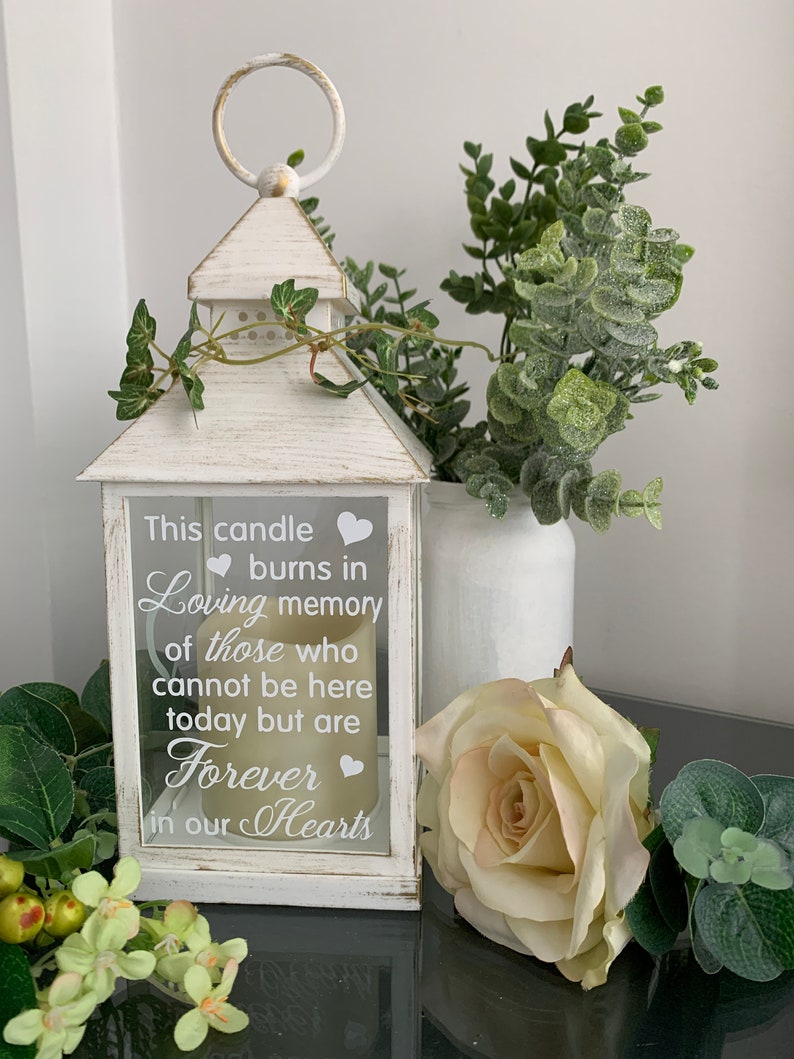 This candle burns in loving memory of those who cannot be here today but are forever in our hearts Memorial Lantern, Wedding Lantern image 1