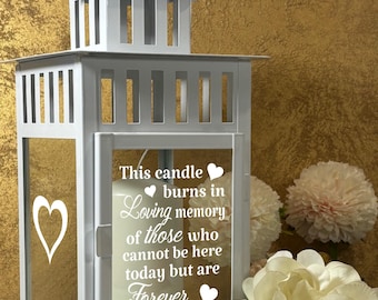 Wedding Memorial Lantern: Loving Memory Candle, White Metal ideal for flamed candle