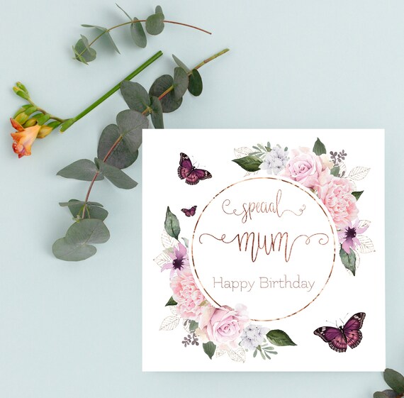Biglietto Di Auguri Floreale Per Mamma Con Farfalla, Interno Vuoto 18x12 Cm, Busta Premium Inclusa, Design Elegante