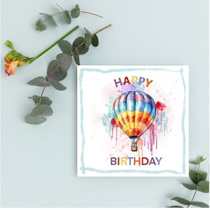 Cartão de balão de ar quente. Cartão de feliz aniversário, cartão de felicitações, cartão para ele, cartão para ela.