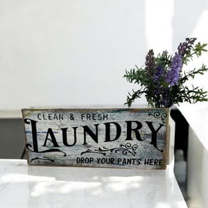 Rustic Farmhouse Wooden Laundry Sign - Vintage Inspired Home Decor, Handmade Chippy Wall Art