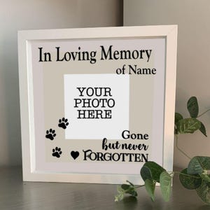 Puede incluir: Marco de fotos blanco con una inscripción negra que dice "En memoria cariñosa de Name, Tu foto aquí, Se fue pero nunca olvidado". El marco tiene un espacio para una foto, huellas de patas y un corazón.