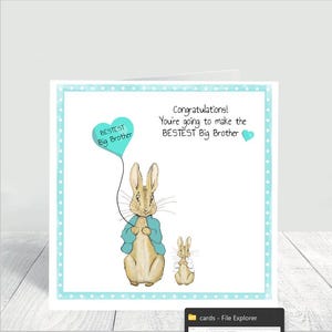 Peter Rabbit-kaart, gefeliciteerd, grote broer, kaart voor broer of zus, Peter Rabbit, kaart voor nieuwe broer, kaart voor pasgeboren broer of zus.