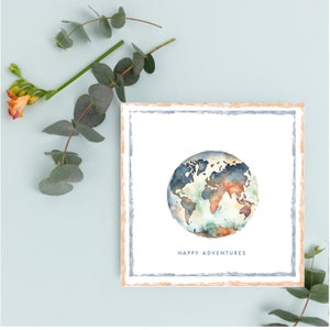 Biglietto Happy Adventures, biglietto avventura, viaggiare per il mondo, biglietto atlante, avventure, biglietto globo, biglietto fatto a mano, biglietto originale.