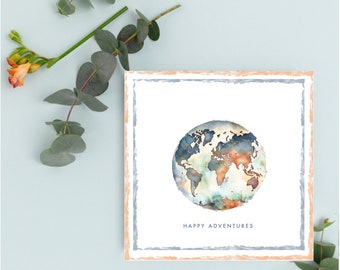 Happy Adventures card, adventure card, travelling the world, atlas card, adventures, globe card, handmade card, novelty card.