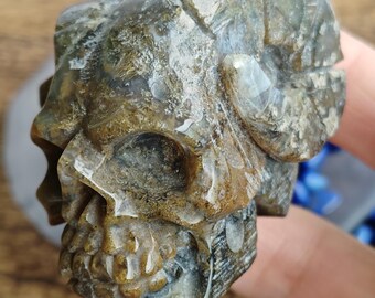 May include: A carved stone skull sculpture with intricate details. The skull is primarily brown and gray, with a textured surface and visible teeth. The sculpture is held in a hand, with a blurred background.