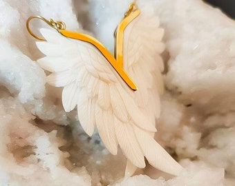 Bone Hand Carved Wings, Brass or Sterling silver finishing, White Dangling Earrings, Feather, Brass Angel Wings