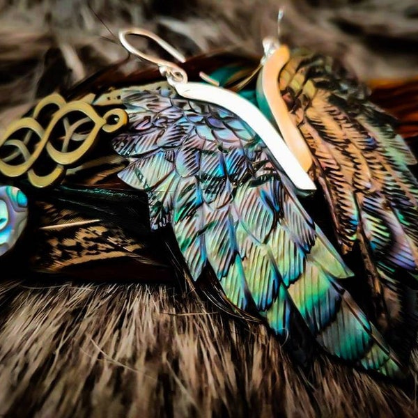 Abalone wing earrings,best quality carving,beautiful wings made out of abalone shell and brass or sterling silver,paua shell and metal wings