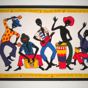 May include: A colorful framed artwork depicting five black silhouettes of people playing musical instruments. The artwork is on a white background with yellow text around the border. The text includes song titles and artist names.
