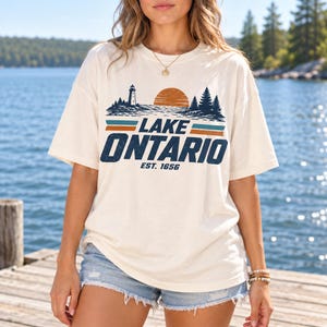 Lake Ontario Lighthouse Sunset Tee, Retro Lakes Vacation Shirt