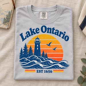Lake Ontario Comfort Colors Shirt, Retro Lighthouse Sunset Tee, Great Lakes Vacation T-Shirt