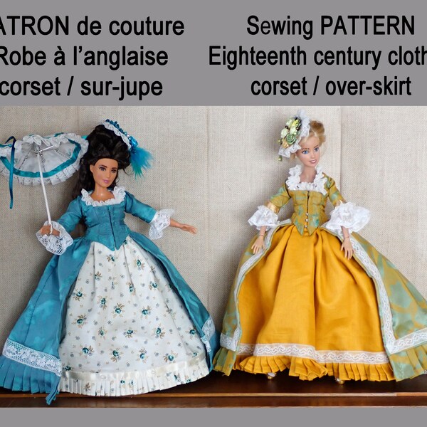 Patron couture Robe à l'Anglaise pour poupée pour Fashion royalty et Barbie curvy et barbie fine en langue Français et anglais