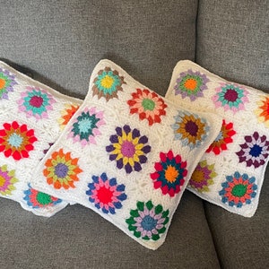 Handmade Granny Square Cushion Cover / crochet pillow / sunburst granny square cushion cover / 12 “ granny square / multi colour cushion