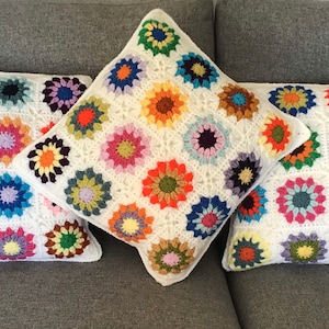 Handmade Granny Square Cushion Cover / crochet pillow / sunburst granny square cushion cover / 16” granny square / multi colour cushion