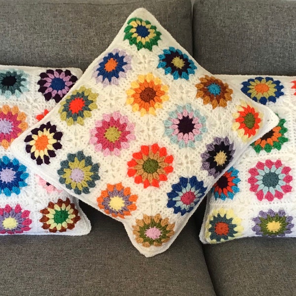 Handmade Granny Square Cushion Cover / crochet pillow / sunburst granny square cushion cover / 16” granny square / multi colour cushion