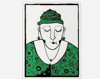 Relax, original linocut print, artwork by Slumsi Tutka