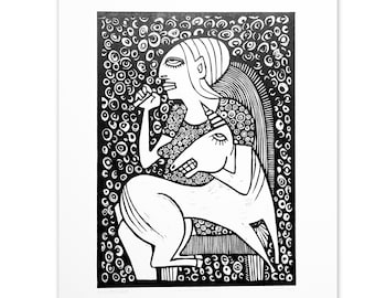 Lady and unicorn, linocut print, limited edition artwork, feminist art print, illustration by Slumsi Tutka