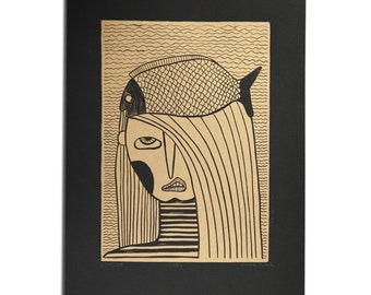 Linocut print, Woman with Fish, Feminist art print, Gold wall decor, illustration by Slumsi Tutka
