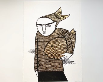 Fish-Man, Linocut print, Gold wall art, Limited edition, Illustration by Slumsi Tutka