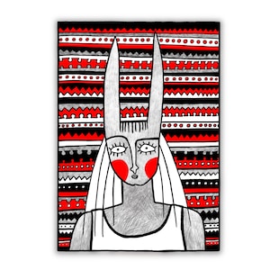 May include: Illustration of a person with long, white hair and large, upright ears, set against a patterned background of red, black, and white stripes and shapes. The person has red cheeks and a white top.